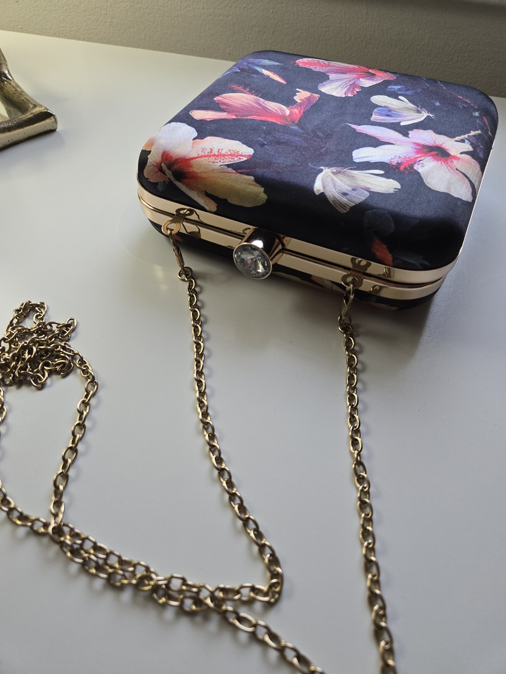 Floral Black Satin Box Clutch with Gold Chain